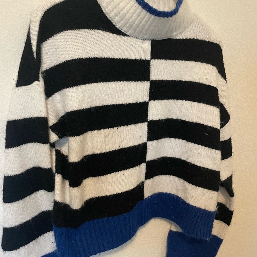 William Rast Black and White Striped Sweater with Blue Highlights